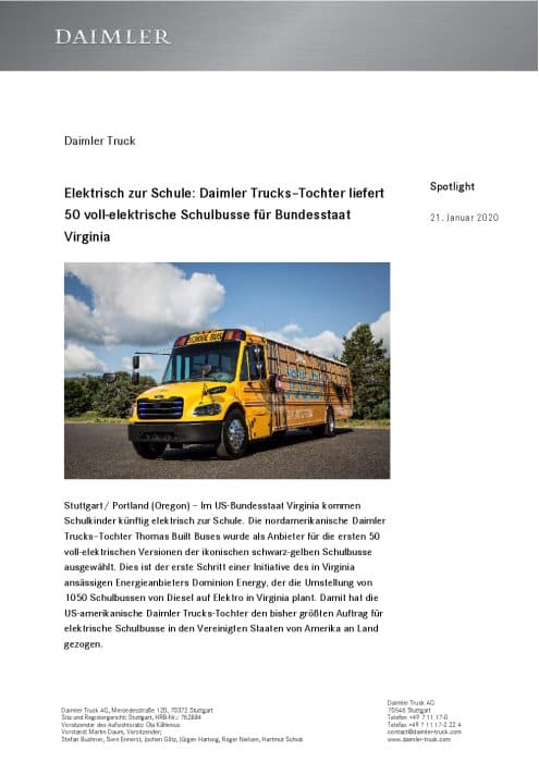 Elektrisch zur Schule: Daimler Trucks-Tochter liefert 50 voll-elektrische Schulbusse für Bundesstaat Virginia