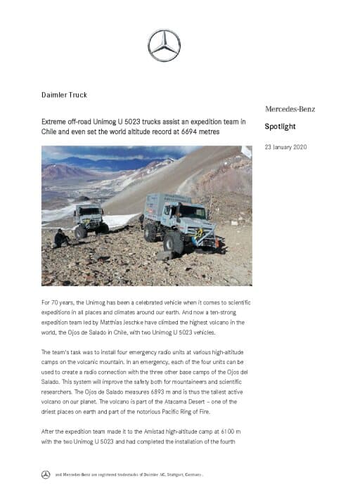 Extreme off-road Unimog U 5023 trucks assist an expedition team in Chile and even set the world altitude record at 6694 metres