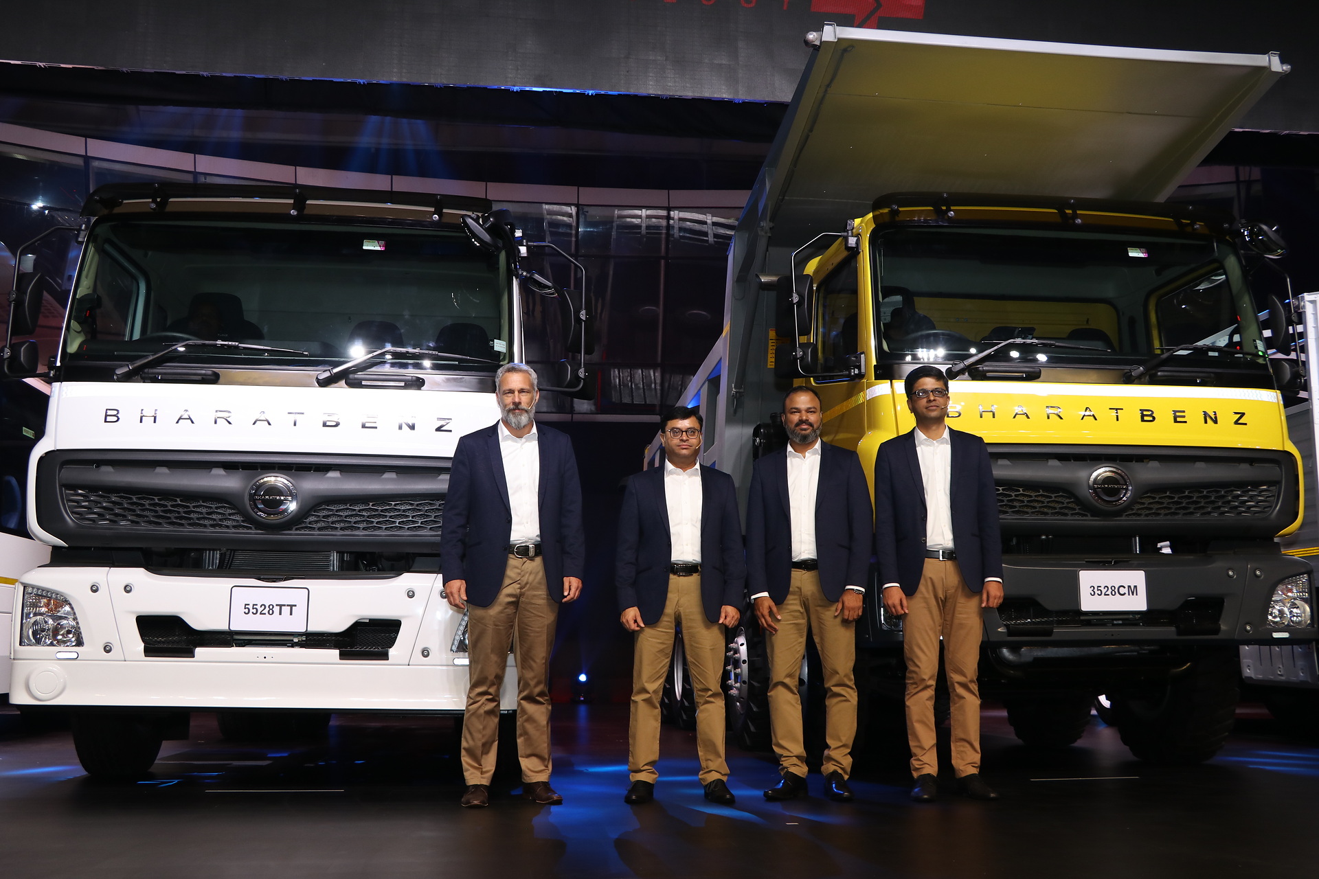 Daimler India Commercial Vehicles (DICV) this week showcased its all-new range of BharatBenz vehicles for the Indian market. From left to right: Thomas Fricke, Managing Director Daimler Buses India, Satyakam Arya, Managing Director & CEO Daimler India Commercial Vehicles, Rajaram Krishnamurthy, Vice President Marketing & Sales DICV, and Pradeep T, Head of Product Engineering DICV. Daimler subsidiary premieres all-new commercial vehicle portfolio for India