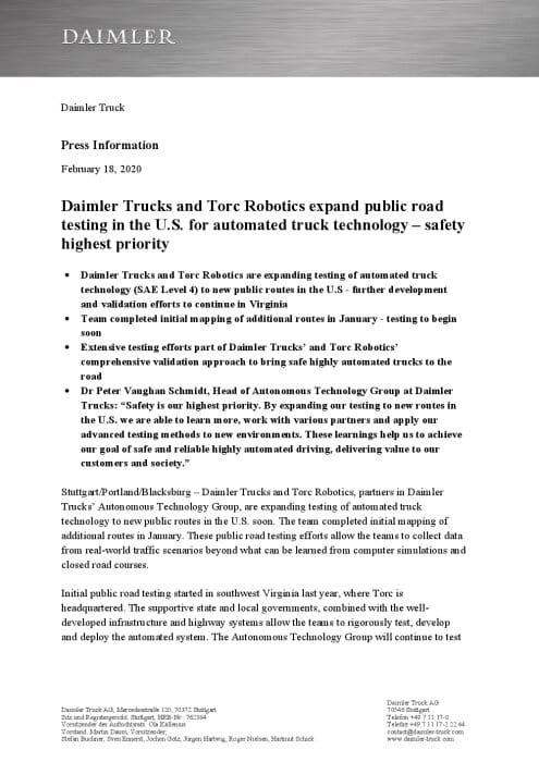 Daimler Trucks and Torc Robotics expand public road testing in the U.S. for automated truck technology – safety highest priority