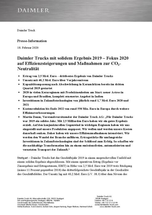 Daimler Trucks mit solidem Ergebnis 2019 – Fokus 2020 auf Effizienzsteigerungen und Maßnahmen zur CO2-Neutralität