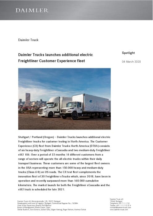 Daimler Trucks launches additional electric Freightliner Customer Experience fleet