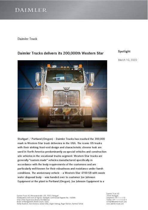 Daimler Trucks delivers its 200,000th Western Star