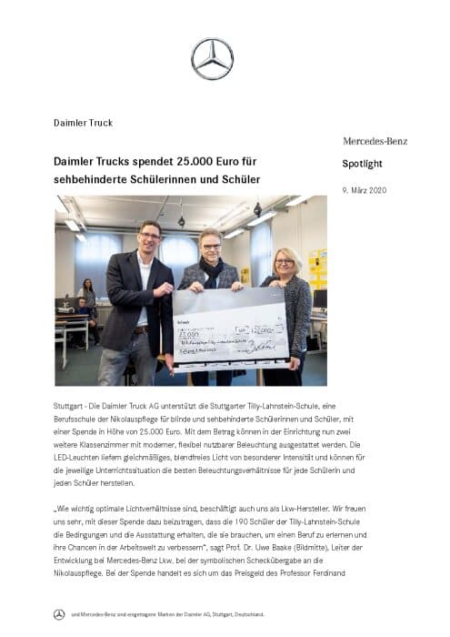 Daimler Trucks spendet 25.000 Euro für sehbehinderte Schülerinnen und Schüler
