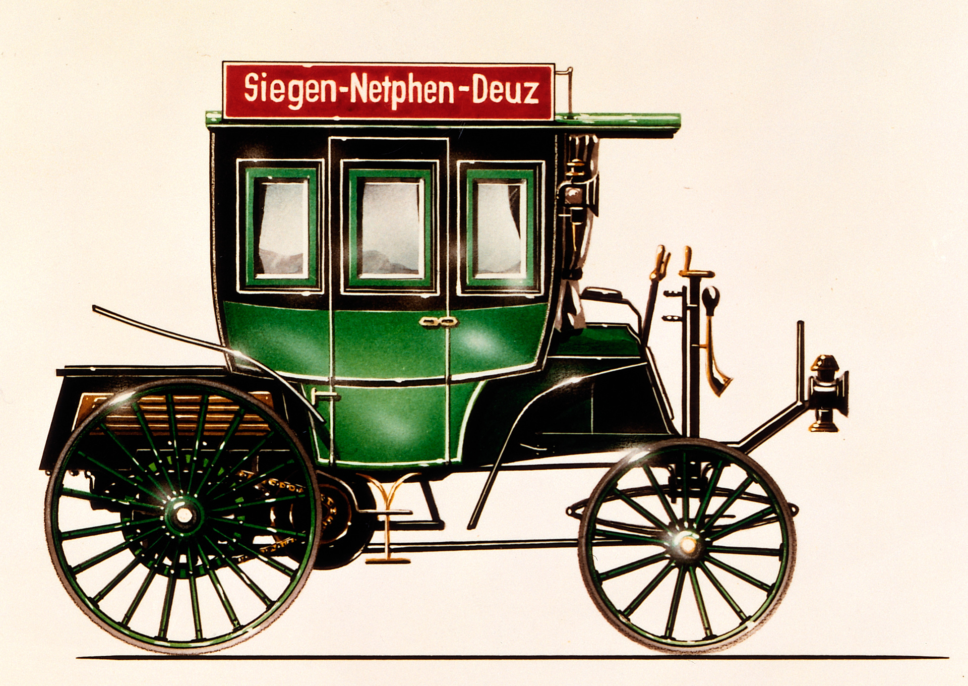Benz Motoromnibus auf Basis des Benz Landauers mit acht Sitzen, ausgeliefert am 12. März 1895 an die Netphener Omnibus-Gesellschaft für den Liniendienst auf der Strecke Siegen–Netphen–Deuz. Farbige Zeichnung aus den 1980er-Jahren. Vor 125 Jahren: erster Omnibus mit Verbrennungsmotor von Benz & Cie.