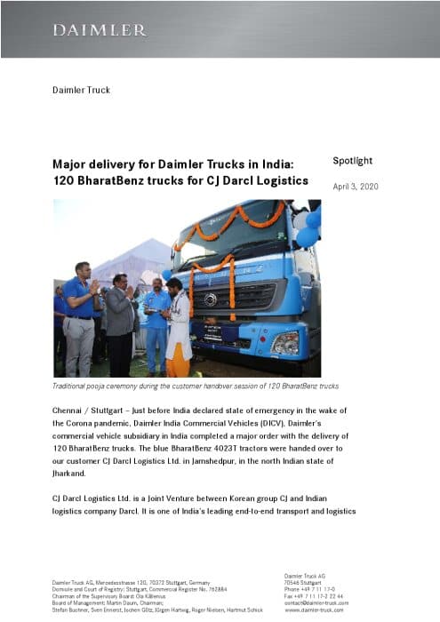 Major delivery for Daimler Trucks in India: 120 BharatBenz trucks for CJ Darcl Logistics