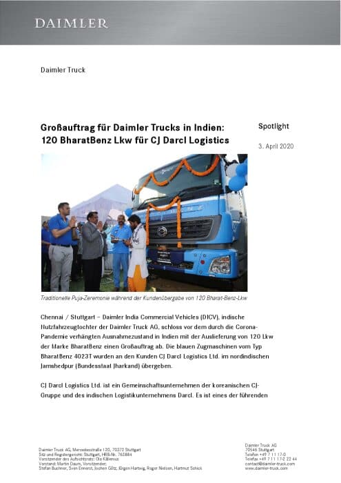 Großauftrag für Daimler Trucks in Indien:  120 BharatBenz Lkw für CJ Darcl Logistics