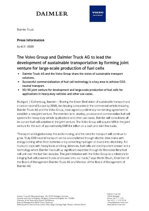 The Volvo Group and Daimler Truck AG to lead the development of sustainable transportation by forming joint venture for large-scale production of fuel cells