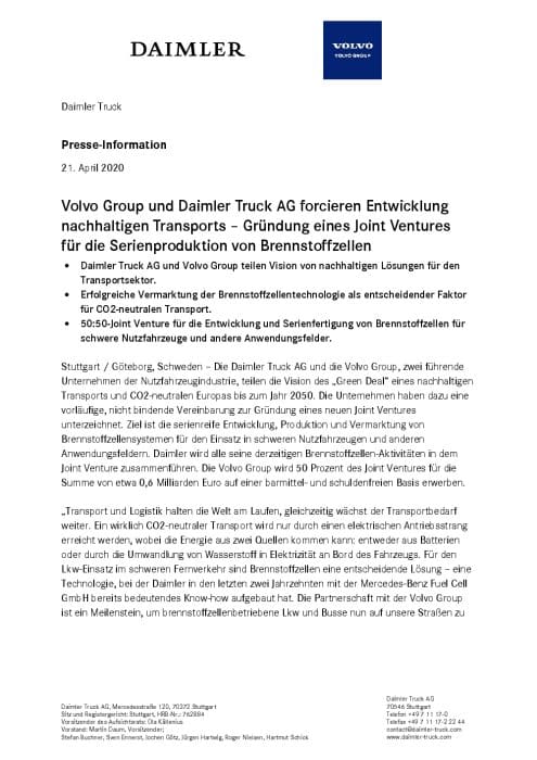 Volvo Group und Daimler Truck AG forcieren Entwicklung nachhaltigen Transports – Gründung eines Joint Ventures für die Serienproduktion von Brennstoffzellen