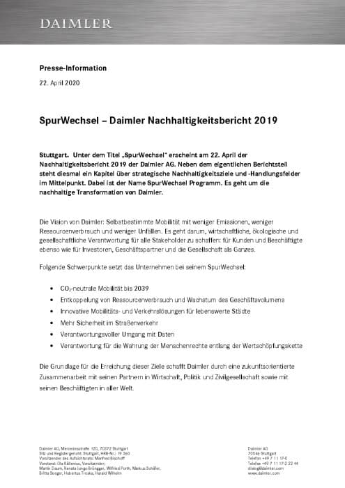 SpurWechsel – Daimler Nachhaltigkeitsbericht 2019