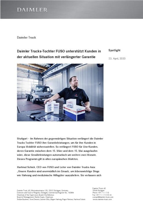 Daimler Trucks-Tochter FUSO unterstützt Kunden in der aktuellen Situation mit verlängerter Garantie