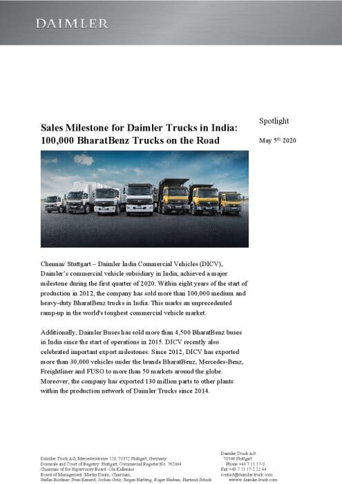 Sales Milestone for Daimler Trucks in India: 100,000 BharatBenz Trucks on the Road