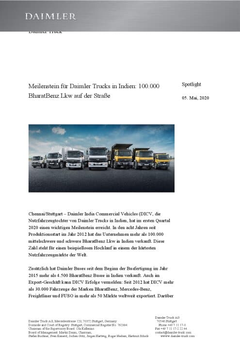 Meilenstein für Daimler Trucks in Indien: 100.000 BharatBenz Lkw auf der Straße