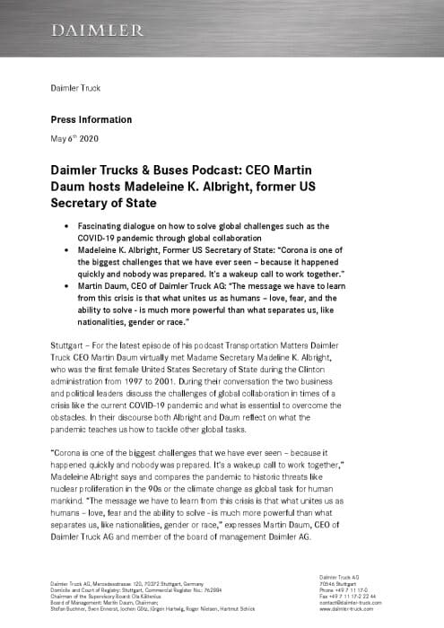 Daimler Trucks & Buses Podcast: CEO Martin Daum hosts Madeleine K. Albright, former US Secretary of State