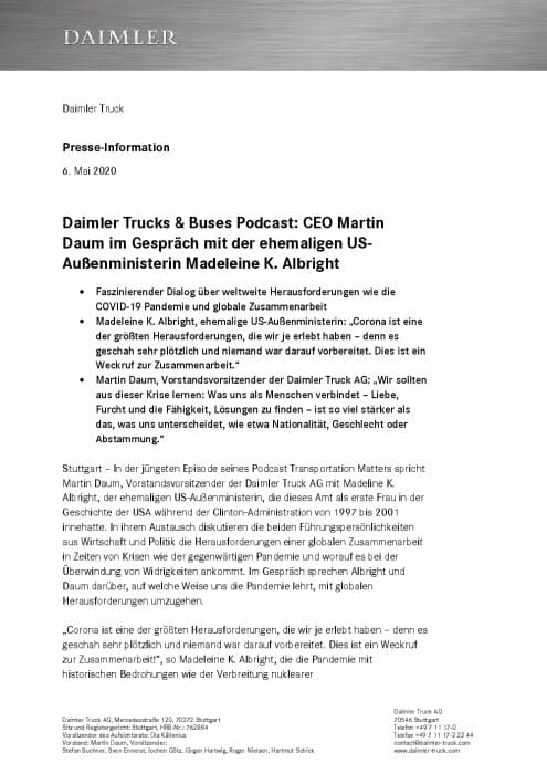 Daimler Trucks & Buses Podcast: CEO Martin Daum im Gespräch mit der ehemaligen US-Außenministerin Madeleine K. Albright