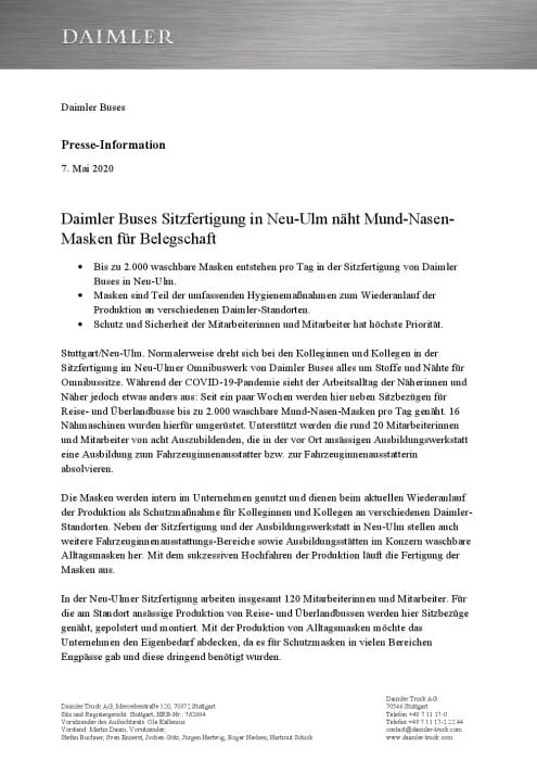 Daimler Buses Sitzfertigung in Neu-Ulm näht Mund-Nasen-Masken für Belegschaft
