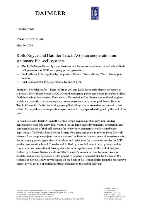 Rolls-Royce and Daimler Truck AG plan cooperation on stationary fuel-cell systems