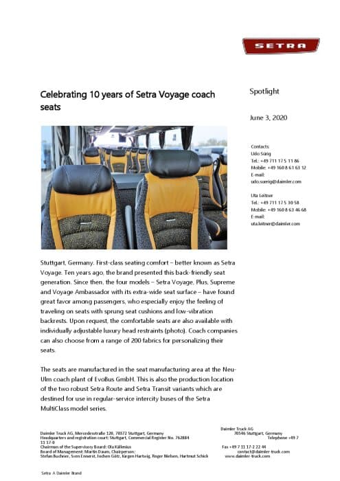 Celebrating 10 years of Setra Voyage coach seats