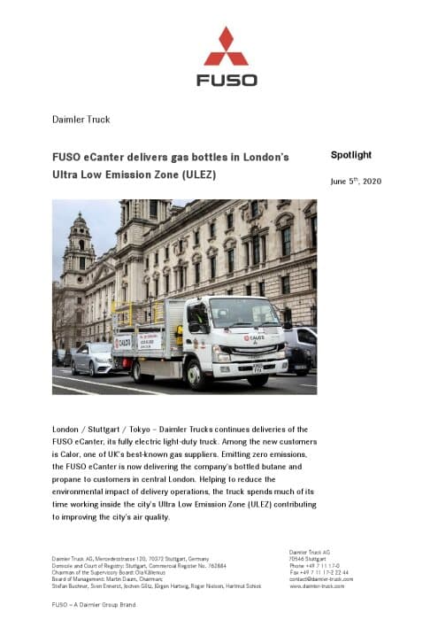 FUSO eCanter delivers gas bottles in London’s Ultra Low Emission Zone (ULEZ)
