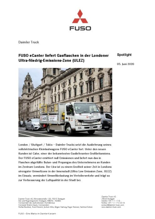 FUSO eCanter liefert Gasflaschen in der Londoner Ultra-Niedrig-Emissions-Zone (ULEZ)