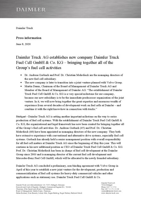 Daimler Truck AG establishes new company Daimler Truck Fuel Cell GmbH & Co. KG – bringing together all of the Group’s fuel cell activities