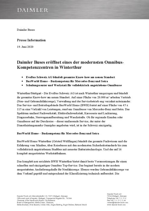 Daimler Buses eröffnet eines der modernsten Omnibus-Kompetenzzentren in Winterthur