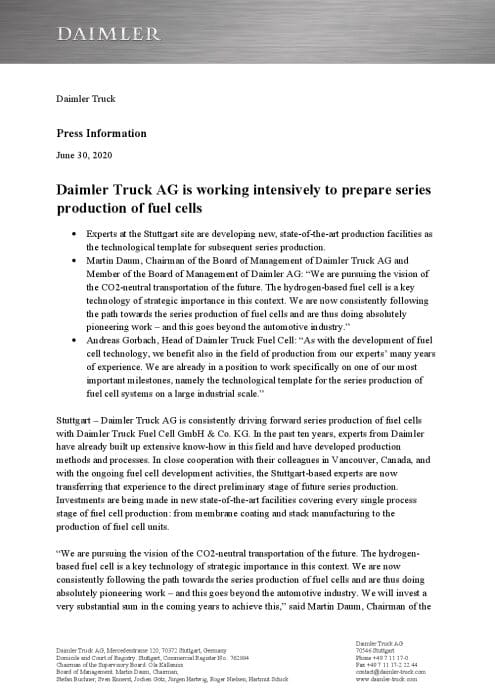 Daimler Truck AG is working intensively to prepare series production of fuel cells