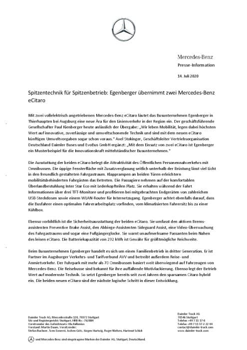 Spitzentechnik für Spitzenbetrieb: Egenberger übernimmt zwei Mercedes-Benz eCitaro