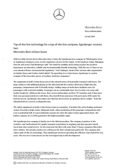 Top-of-the-line technology for a top-of-the-line company: Egenberger receives two  Mercedes-Benz eCitaro buses