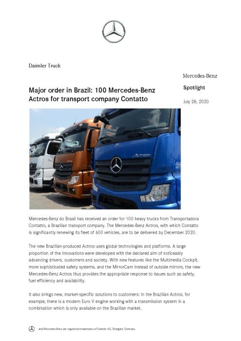 Major order in Brazil: 100 Mercedes-Benz Actros for transport company Contatto