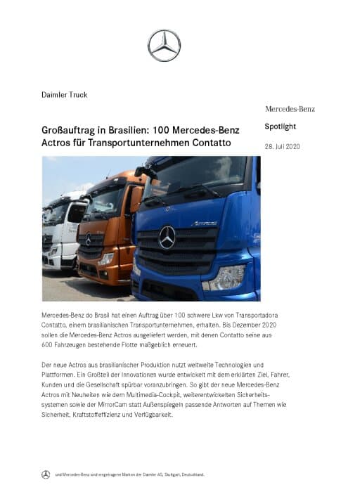 Großauftrag in Brasilien: 100 Mercedes-Benz  Actros für Transportunternehmen Contatto