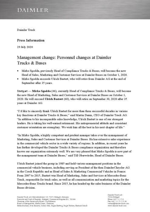 Management change: Personnel changes at Daimler Trucks & Buses