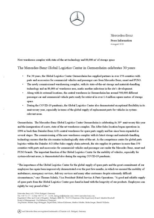 New warehouse complex with state-of-the-art technology and 80,000 m² of storage space: The Mercedes-Benz Global Logistics Center in Germersheim celebrates 30 years