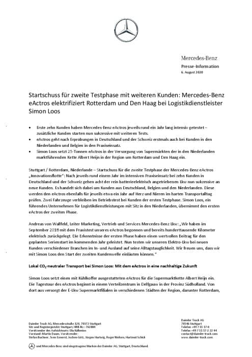 Startschuss für zweite Testphase mit weiteren Kunden: Mercedes-Benz eActros elektrifiziert Rotterdam und Den Haag bei Logistikdienstleister Simon Loos