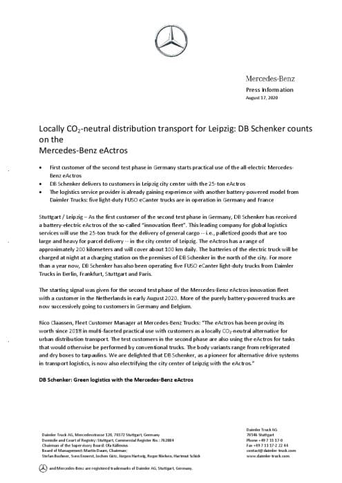 Locally CO2-neutral distribution transport for Leipzig: DB Schenker counts on the  Mercedes-Benz eActros