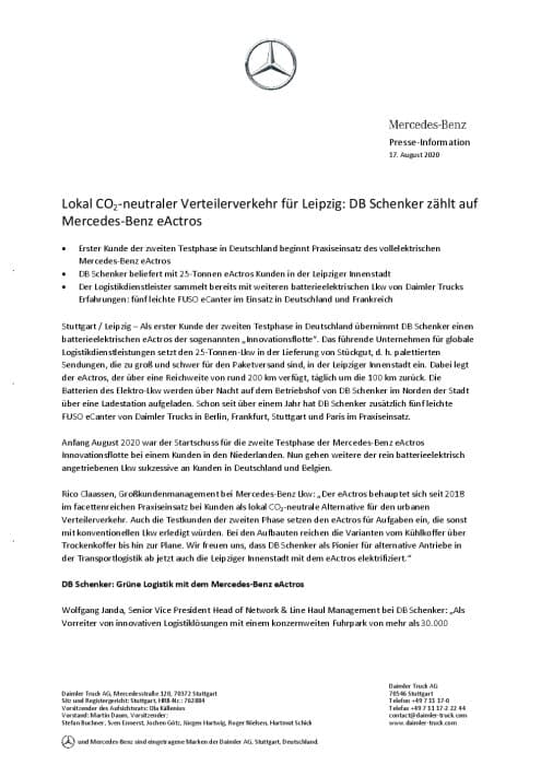 Lokal CO2-neutraler Verteilerverkehr für Leipzig: DB Schenker zählt auf Mercedes-Benz eActros