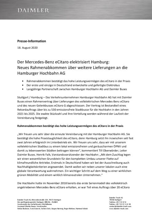 Der Mercedes-Benz eCitaro elektrisiert Hamburg: Neues Rahmenabkommen über weitere Lieferungen an die Hamburger Hochbahn AG