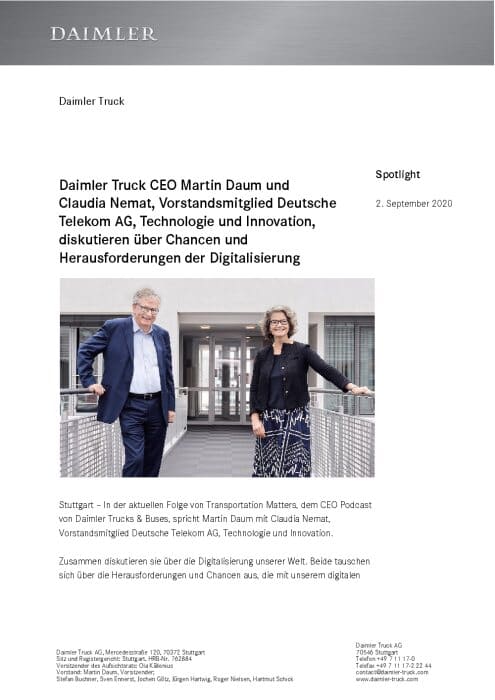 Daimler Truck CEO Martin Daum und Claudia Nemat, Vorstandsmitglied Deutsche Telekom AG, Technologie und Innovation, diskutieren über Chancen und Herausforderungen der Digitalisierung