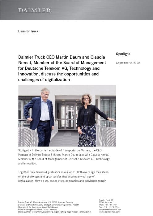 Daimler Truck CEO Martin Daum and Claudia Nemat, Member of the Board of Management for Deutsche Telekom AG, Technology and Innovation, discuss the opportunities and challenges of digitalization
