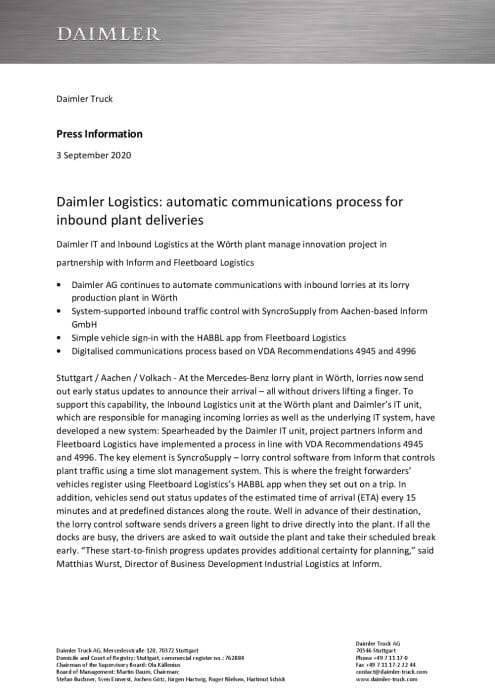 Daimler-Logistik: Automatischer Kommunikationsprozess bei Werksbelieferung