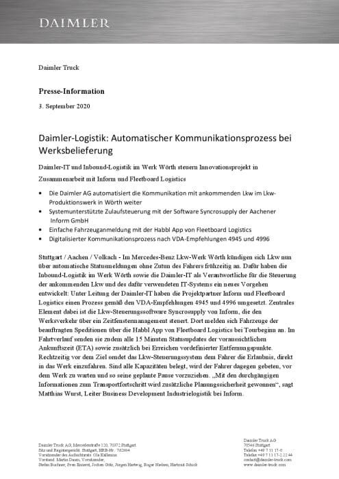 Daimler-Logistik: Automatischer Kommunikationsprozess bei Werksbelieferung