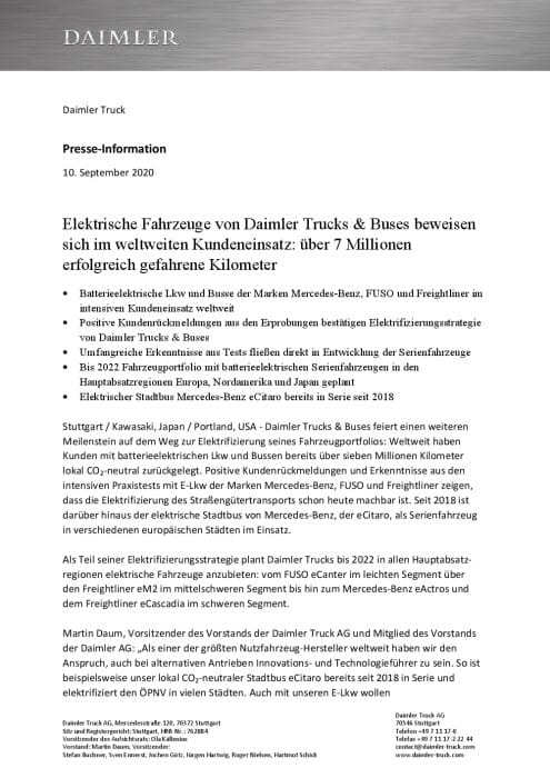 Elektrische Fahrzeuge von Daimler Trucks & Buses beweisen sich im weltweiten Kundeneinsatz: über 7 Millionen erfolgreich gefahrene Kilometer