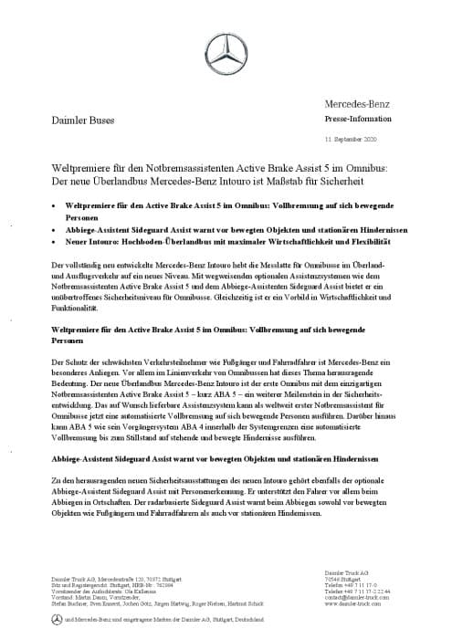 Weltpremiere für den Notbremsassistenten Active Brake Assist 5 im Omnibus: Der neue Überlandbus Mercedes-Benz Intouro ist Maßstab für Sicherheit