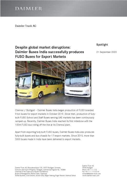 Despite global market disruptions:  Daimler Buses India successfully produces FUSO Buses for Export Markets