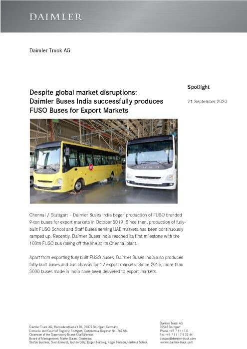 Despite global market disruptions: Daimler Buses India successfully produces FUSO Buses for Export Markets