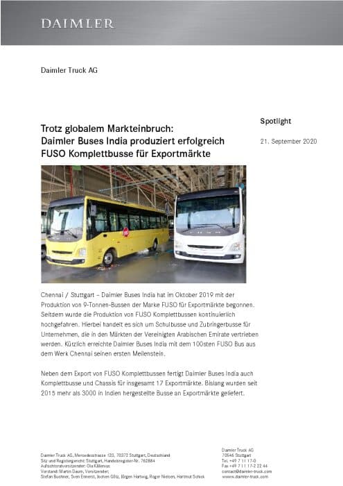 Trotz globalem Markteinbruch:  Daimler Buses India produziert erfolgreich FUSO Komplettbusse für Exportmärkte