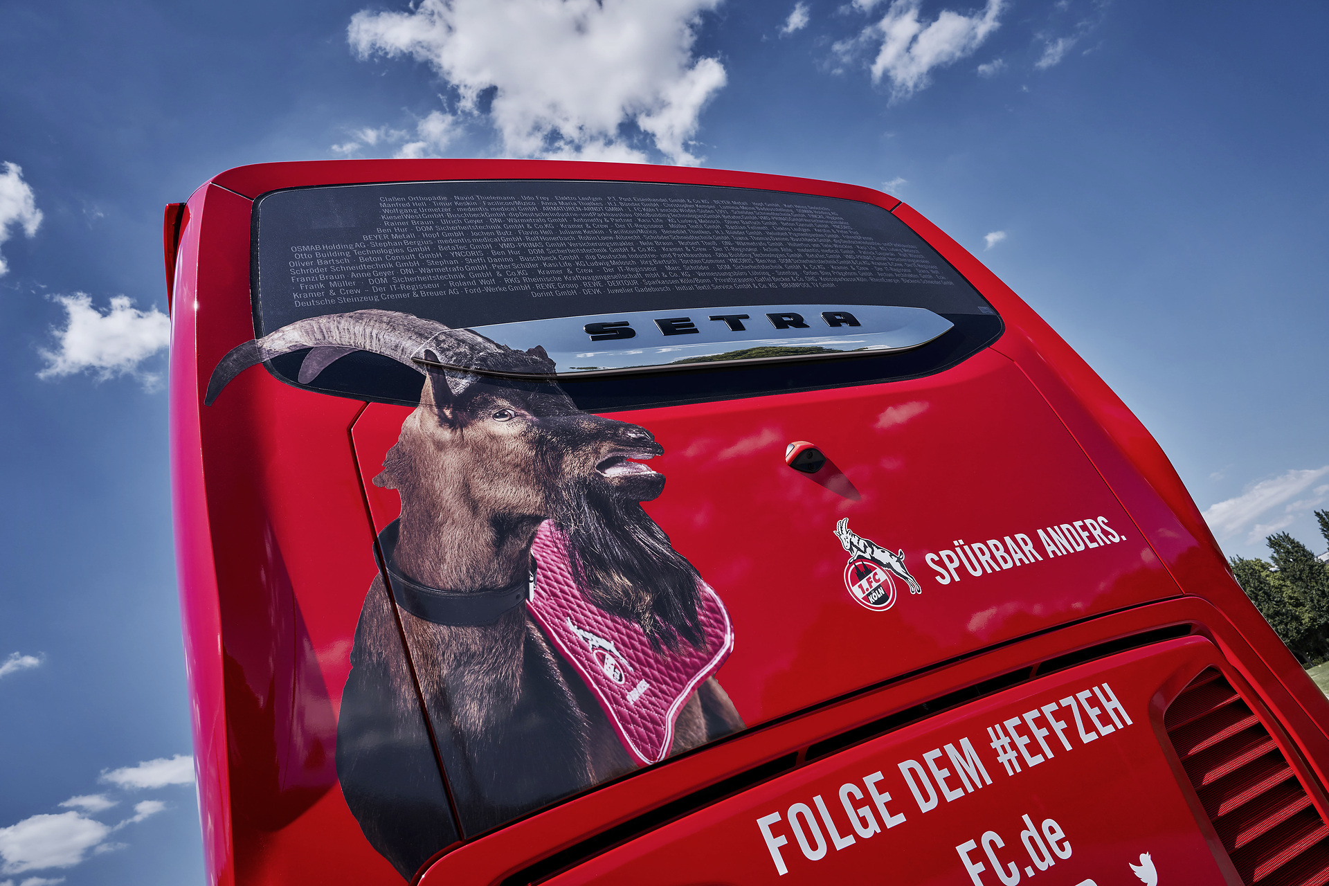 The outside of the bus is adorned with the names of 6.000 season ticket holders Cologne's unique Setra Bus