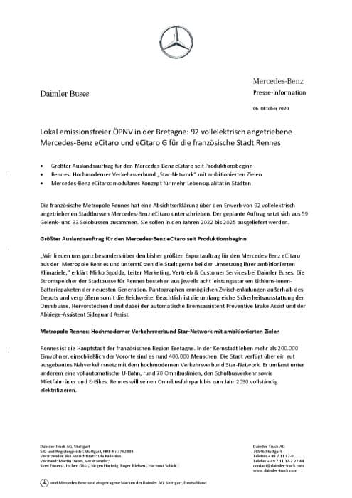 Lokal emissionsfreier ÖPNV in der Bretagne: 92 vollelektrisch angetriebene  Mercedes-Benz eCitaro und eCitaro G für die französische Stadt Rennes