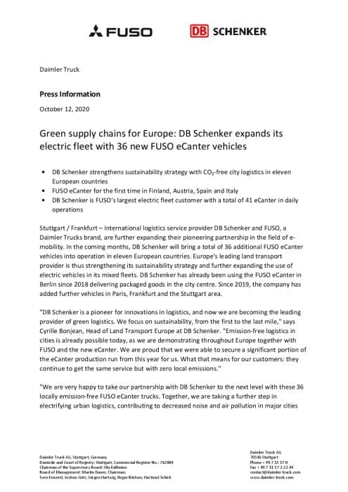Green supply chains for Europe: DB Schenker expands its electric fleet with 36 new FUSO eCanter vehicles