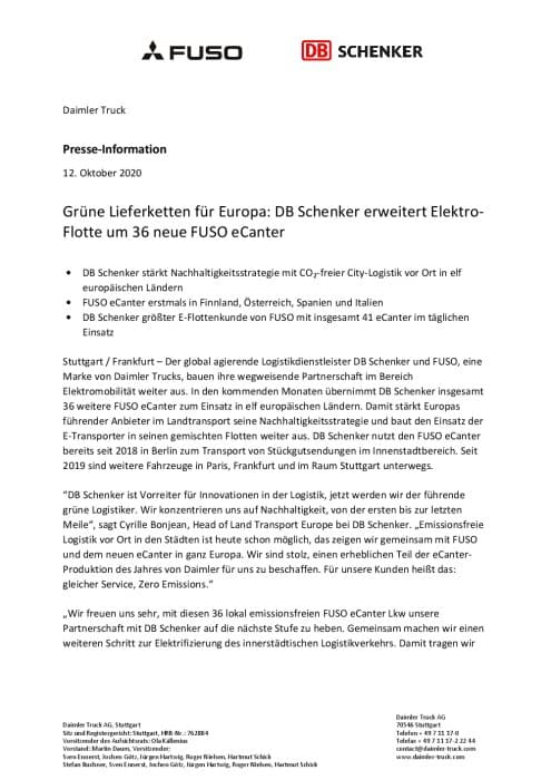 Grüne Lieferketten für Europa: DB Schenker erweitert Elektro-Flotte um 36 neue FUSO eCanter